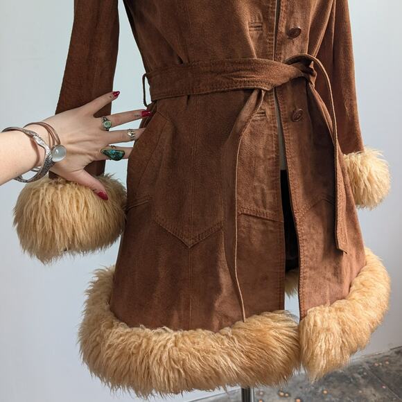 Vintage Brown Suede Coat Penny Lane Jacket Leather Trench Fur Coat Afghan Small - Picture 7 of 15